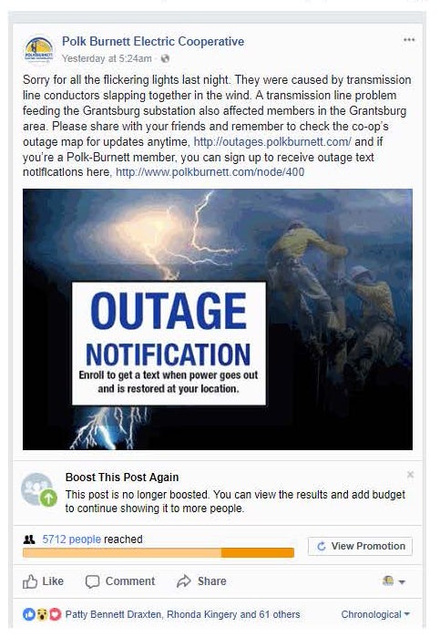 Polk Burnett Electric Cooperative Facebook Post regarding signing up for text notifications
